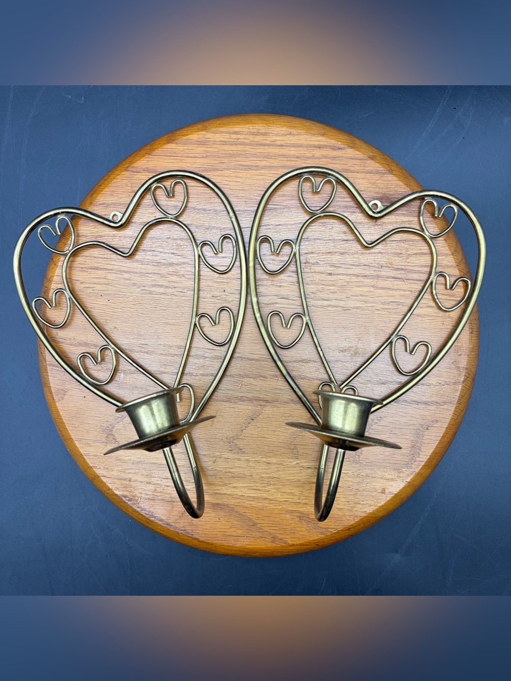 Vintage Gold Tone Metal Brass Heart Wall Sconce Taper Candle Holders Set of 2